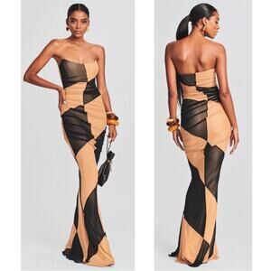 Retrofete Black and Tan Strapless Maxi Dress